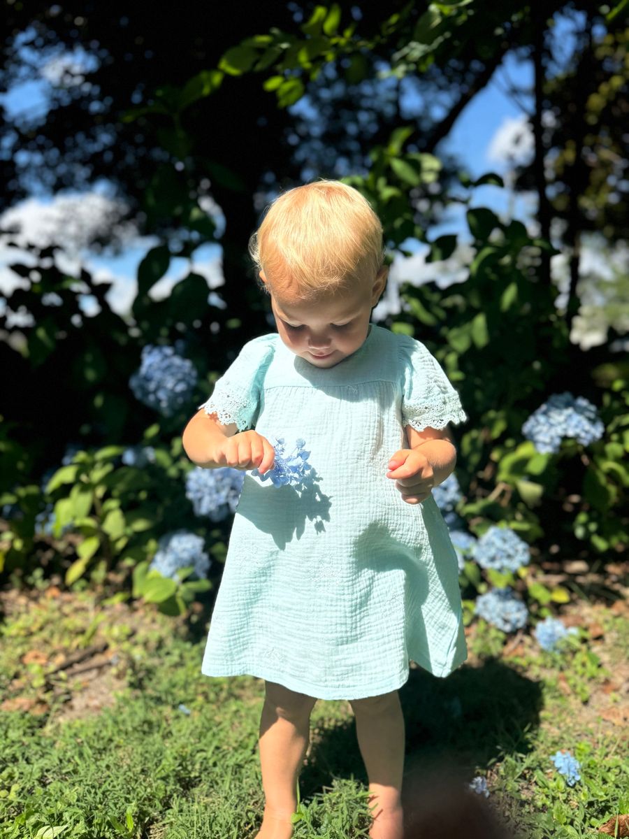 Laura Dress – Embroidered Aqua Butterfly