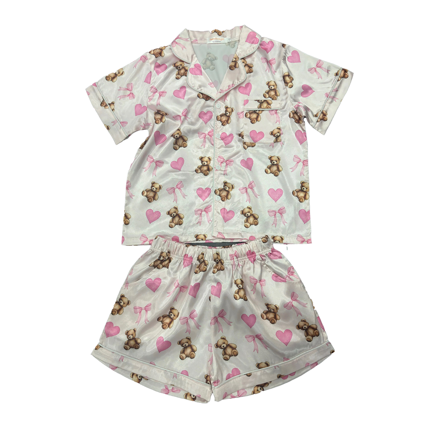 Girls Satin Pajama Set – Bears & Bows Print