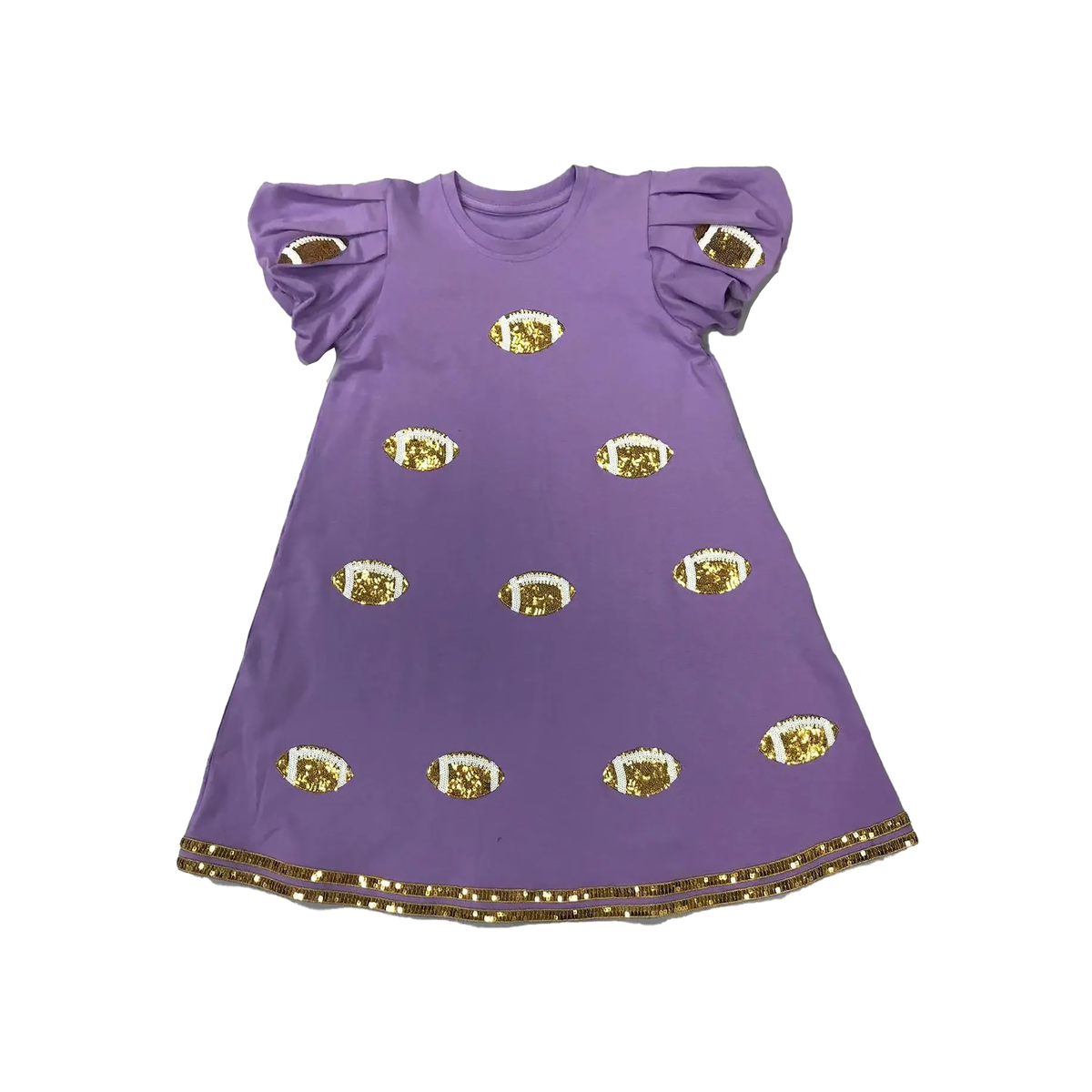 Purple Sequin Football Dress – Girls Bubble Sleeve Game Day A-Line