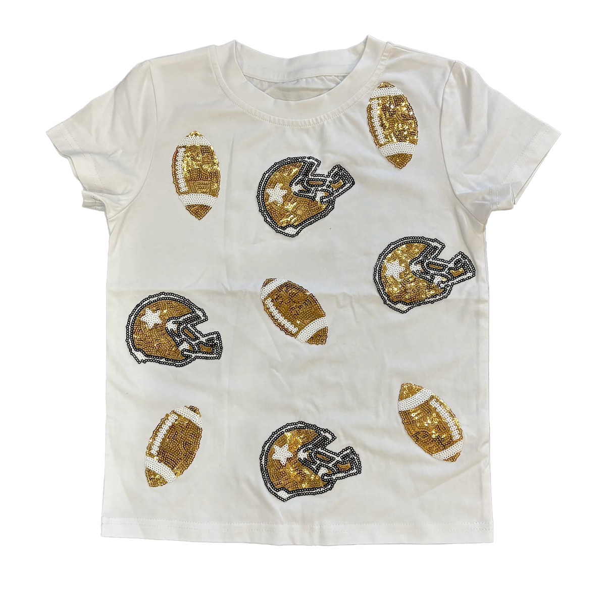 Gold Football Helmet Sequin Tee – Girls Short Sleeve Game Day Shirt