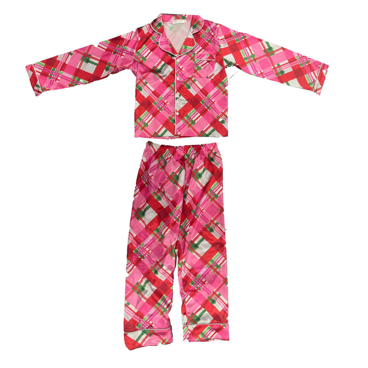 Holiday Plaid Satin Loungewear Set – Pink Multi Two-Piece Pajama Set