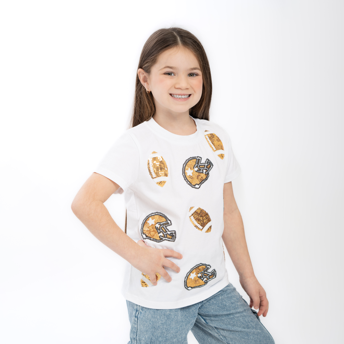 Gold Football Helmet Sequin Tee – Girls Short Sleeve Game Day Shirt