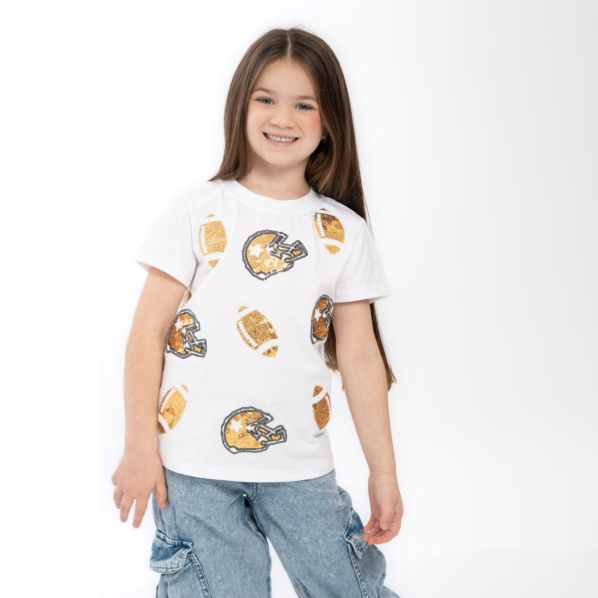 Gold Football Helmet Sequin Tee – Girls Short Sleeve Game Day Shirt