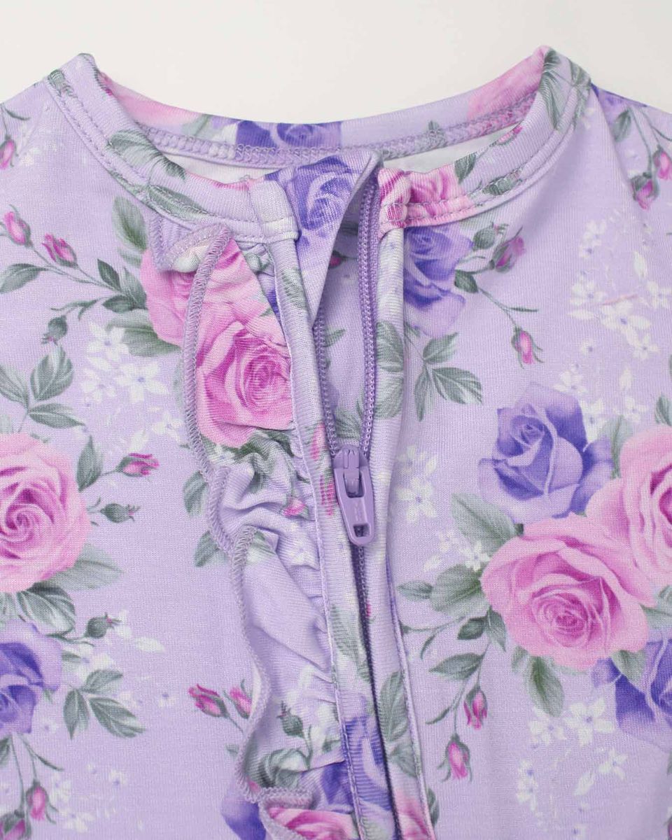 Lavender Rose Ruffled Zippered Footie | Bamboo Baby Sleeper