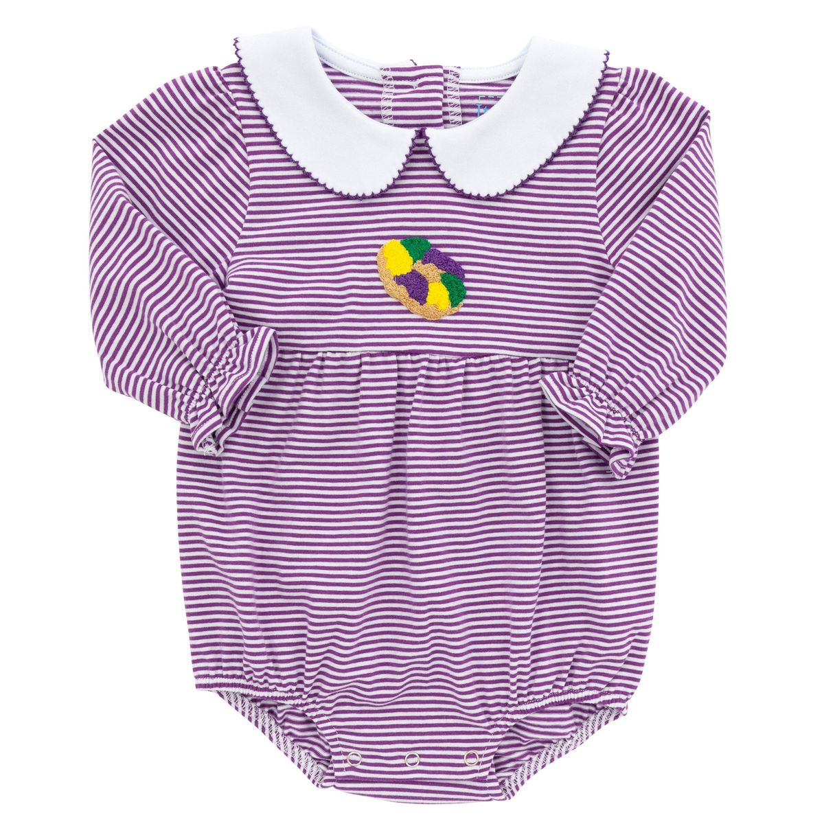 King Cake Bubble – Mardi Gras Striped Girls Bubble Romper