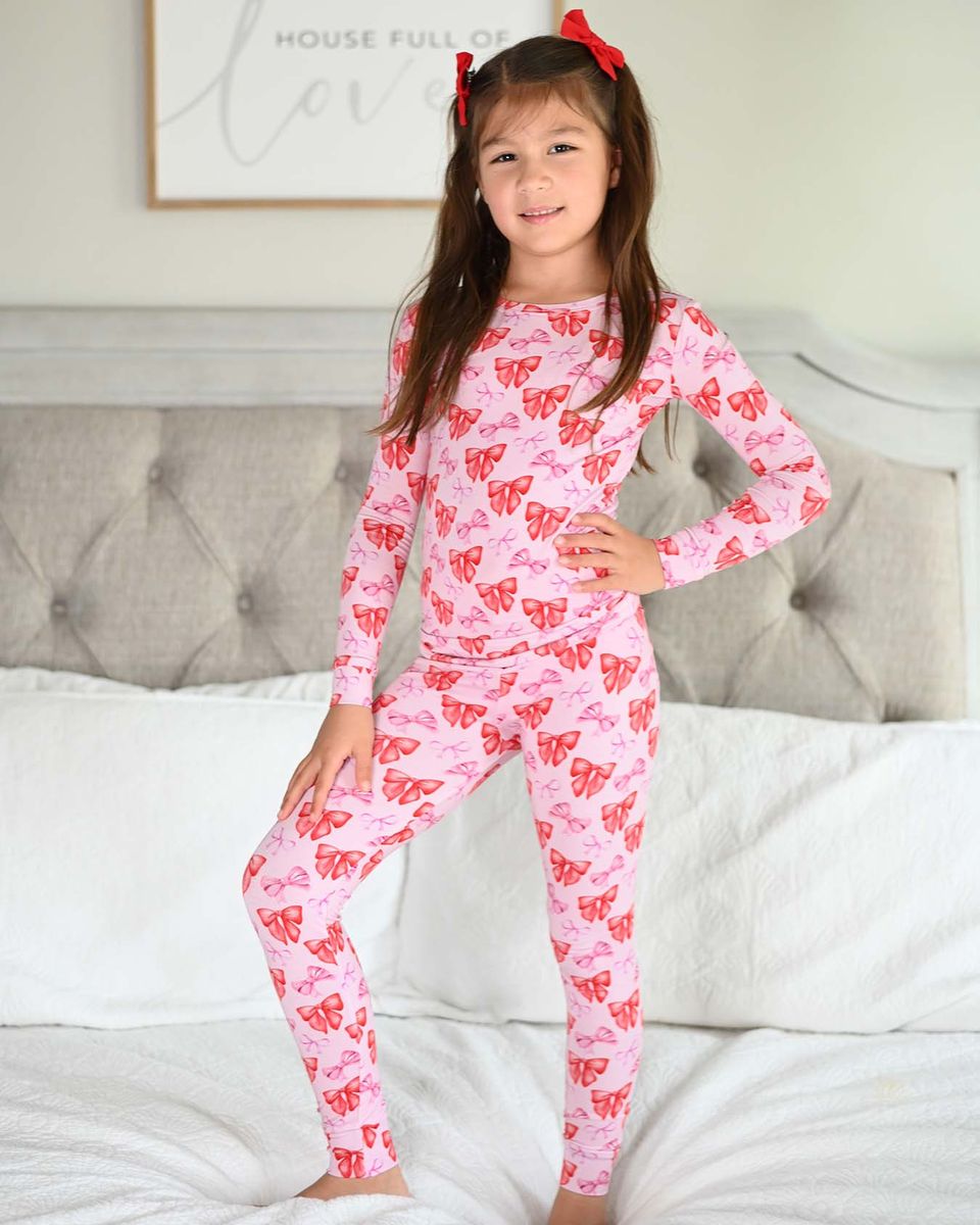 Red & Pink Bow Toddler Lounge Set | Bamboo Two-Piece Pajamas