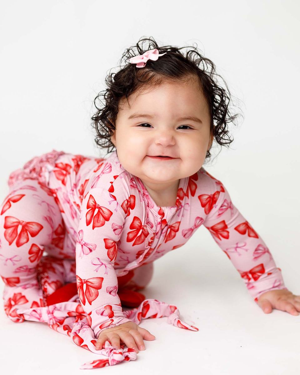 Red & Pink Bow Ruffled Zippered Footie | Bamboo Baby Sleeper