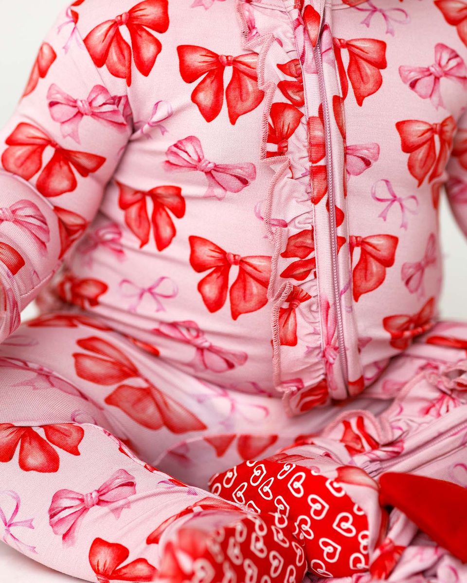 Red & Pink Bow Ruffled Zippered Footie | Bamboo Baby Sleeper