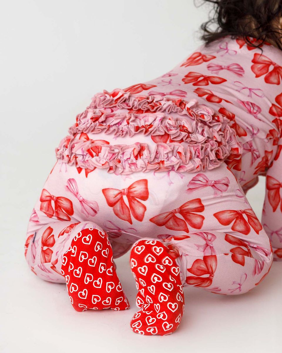 Red & Pink Bow Ruffled Zippered Footie | Bamboo Baby Sleeper