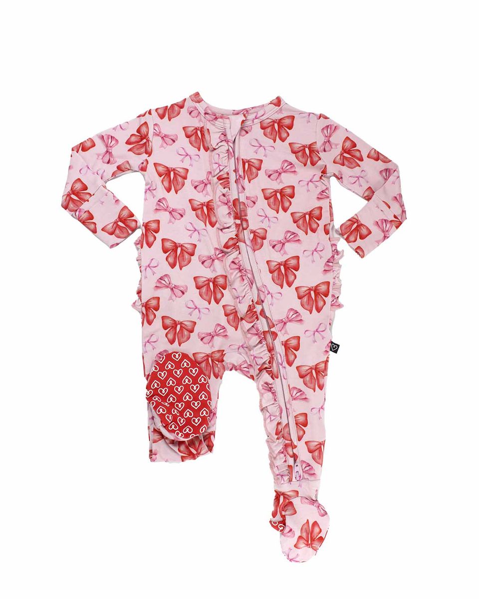 Red & Pink Bow Ruffled Zippered Footie | Bamboo Baby Sleeper