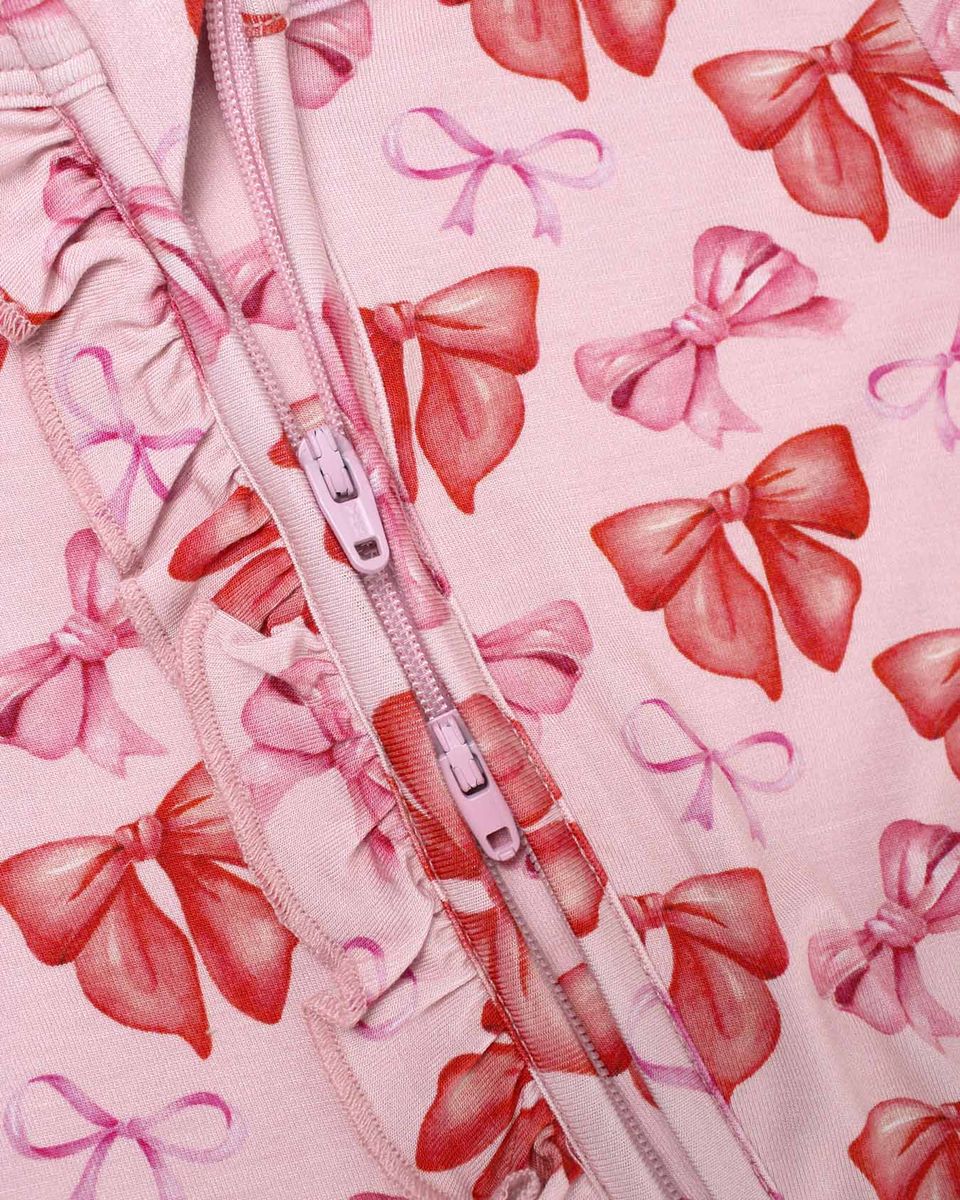 Red & Pink Bow Ruffled Zippered Footie | Bamboo Baby Sleeper