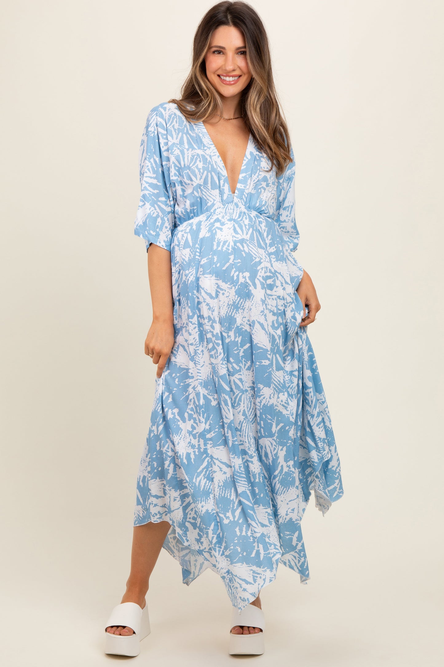 Blue Printed V-Neck Draped Maternity Maxi Dress