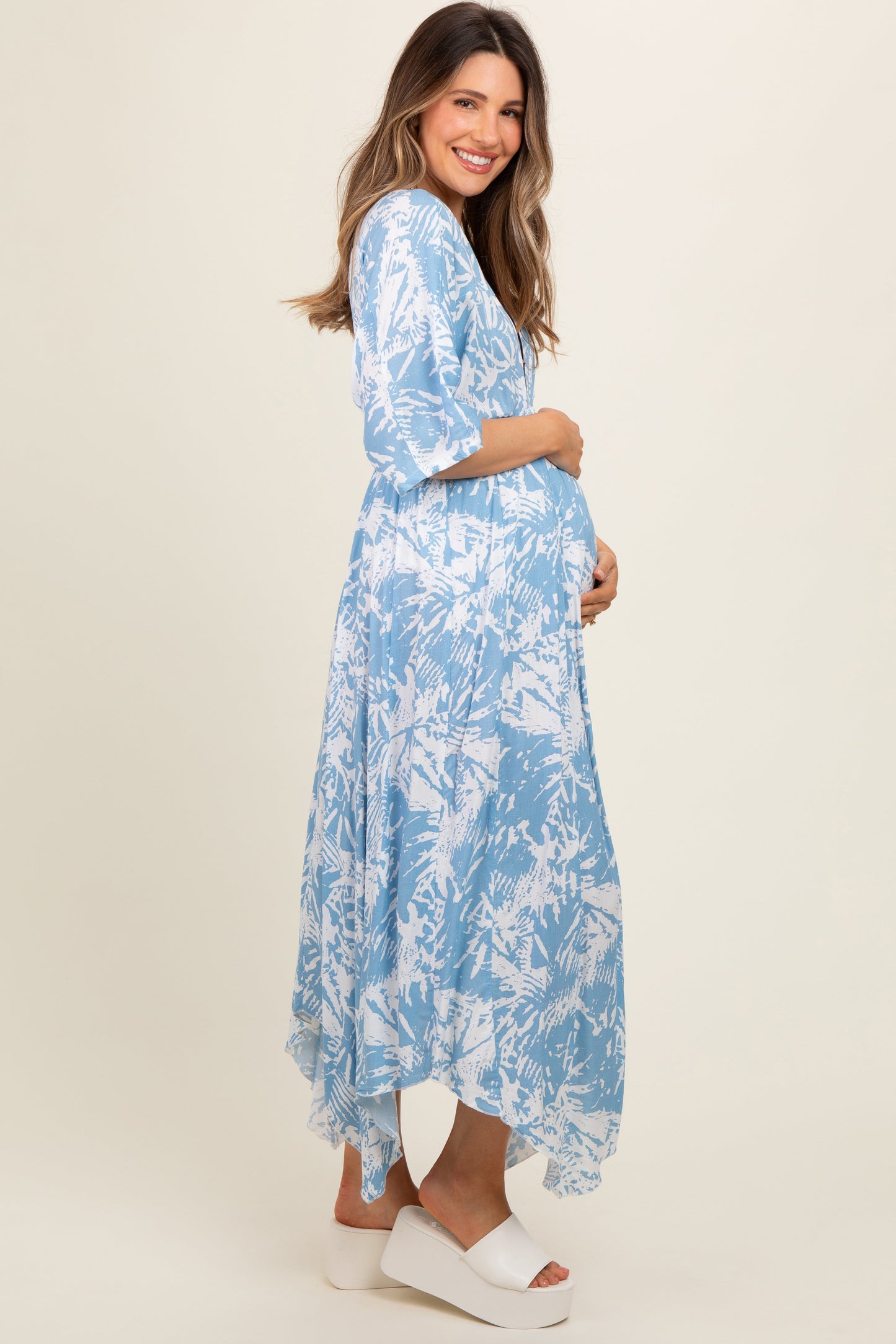 Blue Printed V-Neck Draped Maternity Maxi Dress