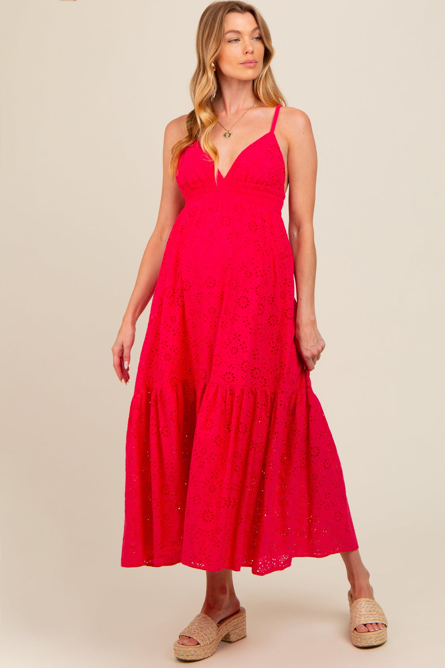 Fuchsia Eyelet Lace Maternity Midi Dress