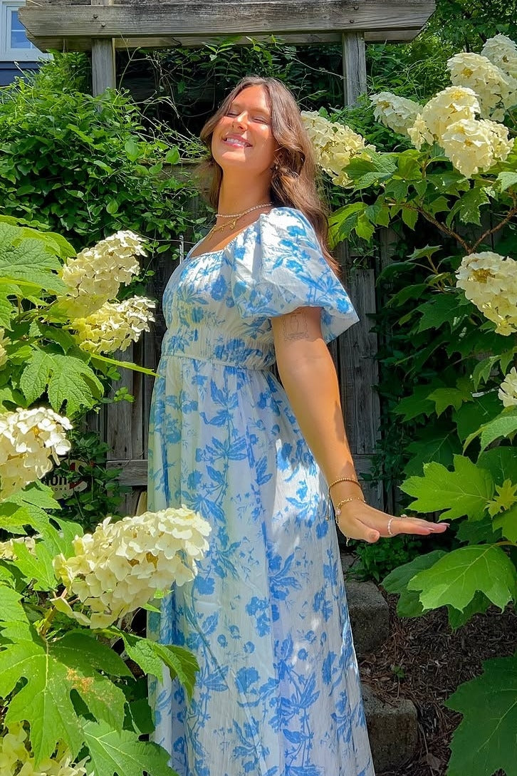 Blue Floral Puff Sleeve Maternity Midi Dress