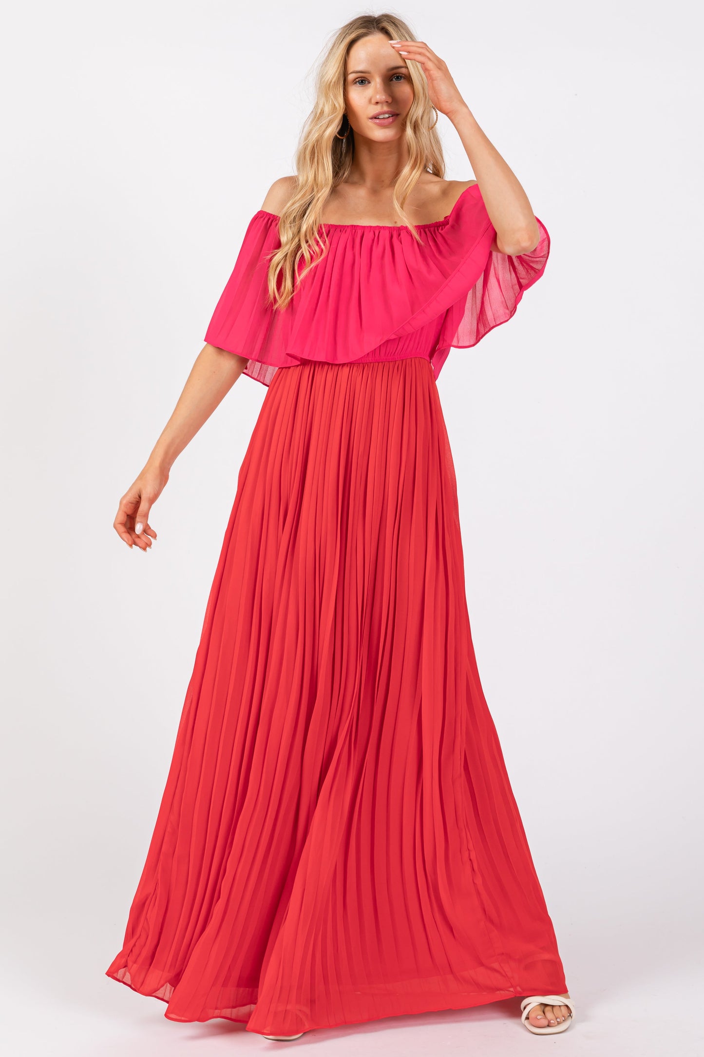 Red Pleated Off Shoulder Colorblock Maternity Maxi Dress