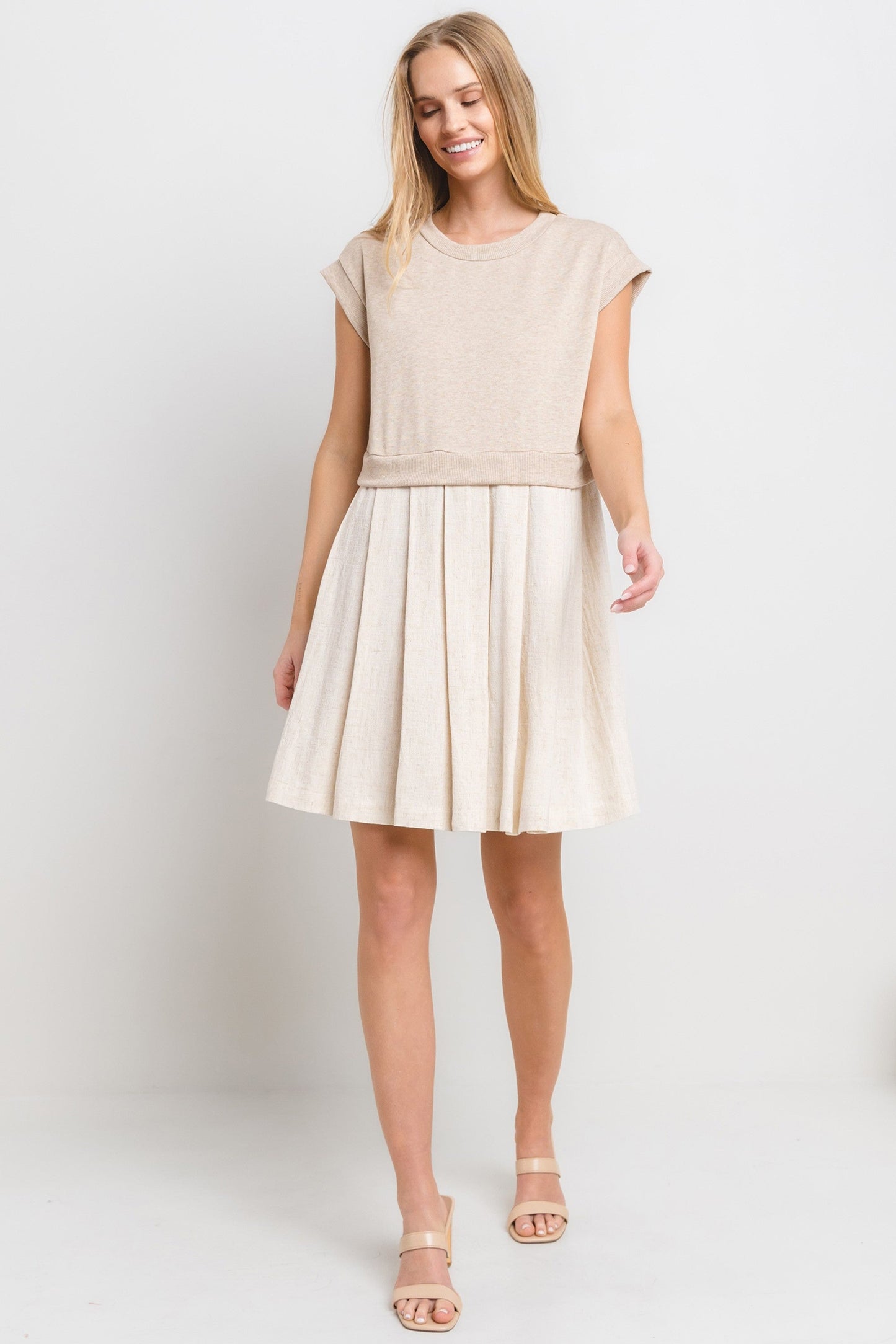 Oatmeal Contrast Pleated Mini Dress
