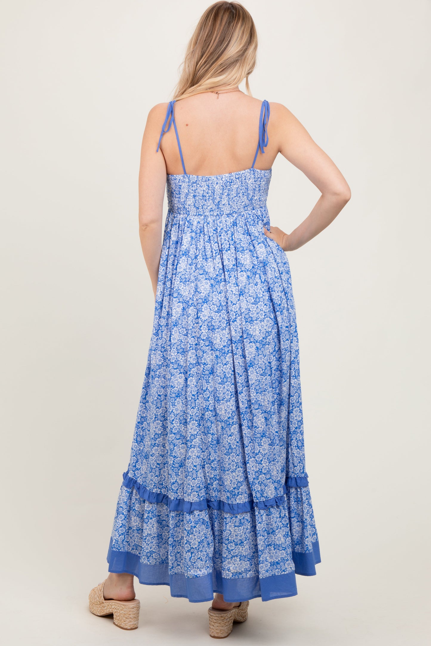 Blue Floral Shoulder Tie Maxi Dress