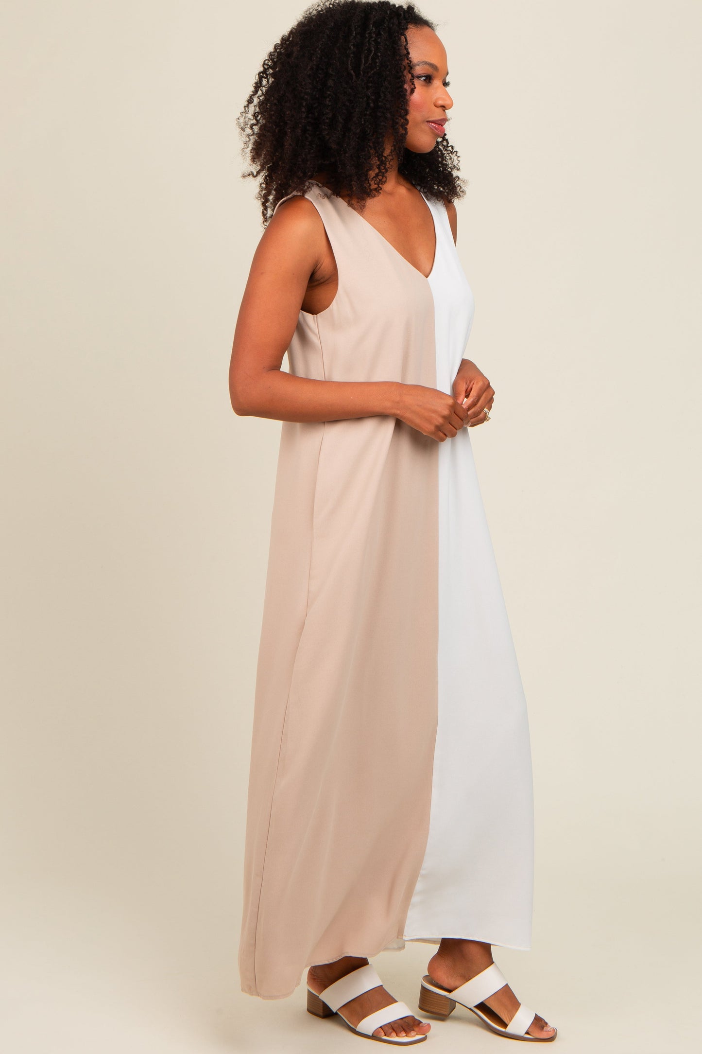 Beige Colorblock Midi Dress