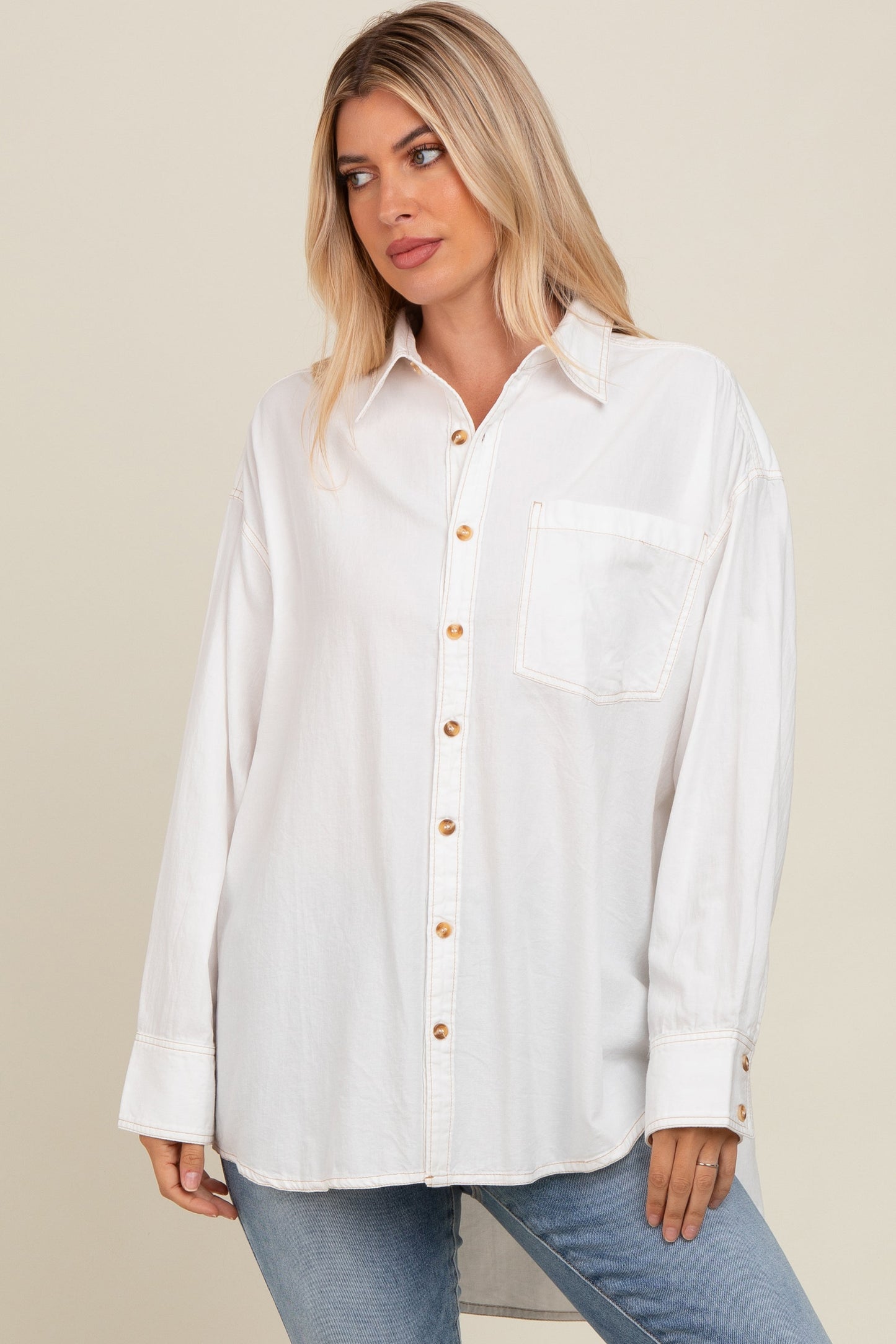 Off White Chambray Button Down Top