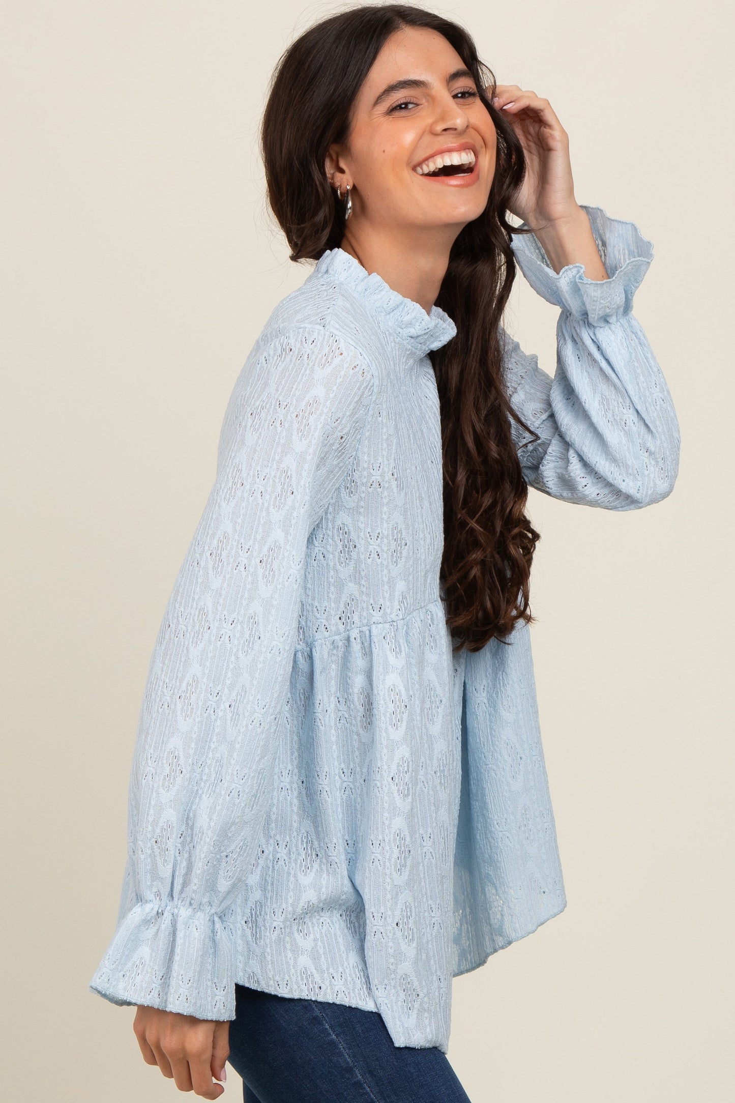 Light Blue Lace Ruffled Neck Top