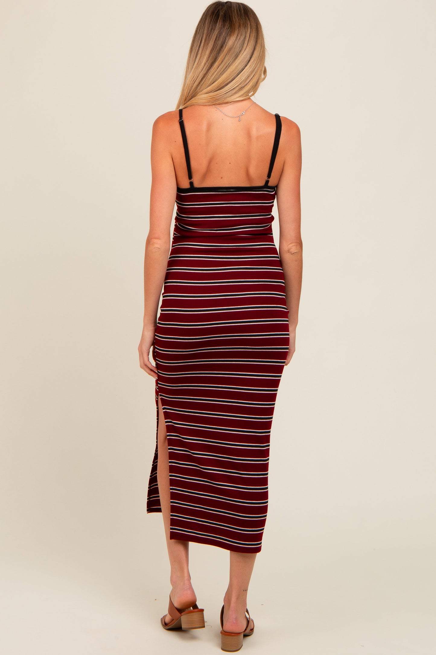 Burgundy Striped Ribbed Side Slit Maternity Midi Dress