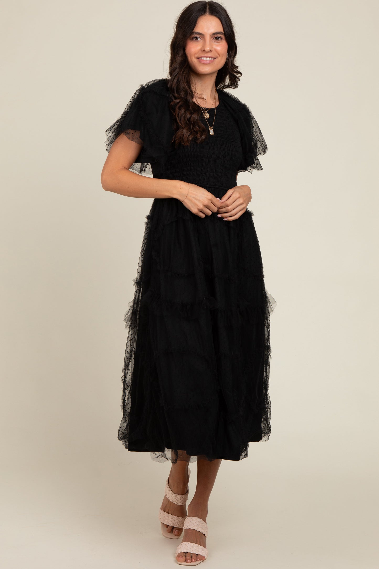 Black Smocked Dotted Tulle Overlay Midi Dress
