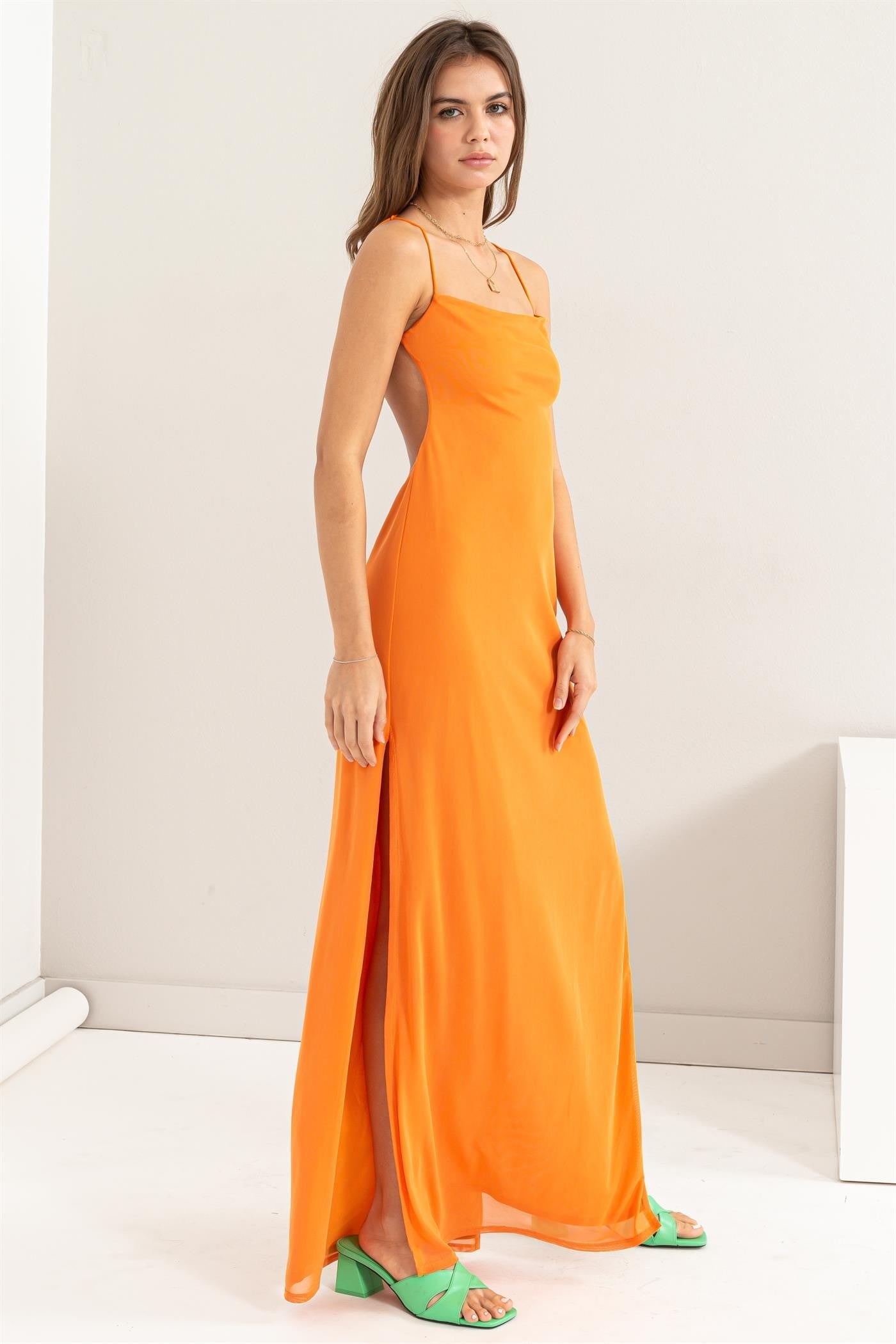 Orange Mesh Backless Maxi Dress