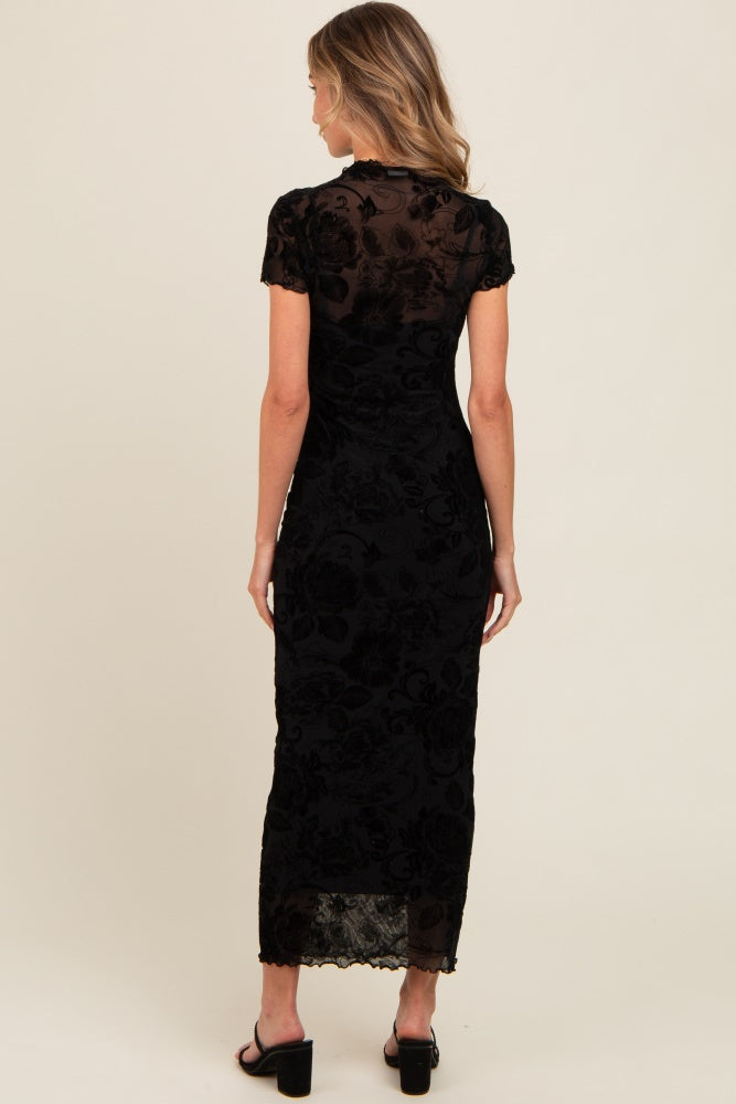 Black Floral Mesh Overlay Fitted Maxi Dress