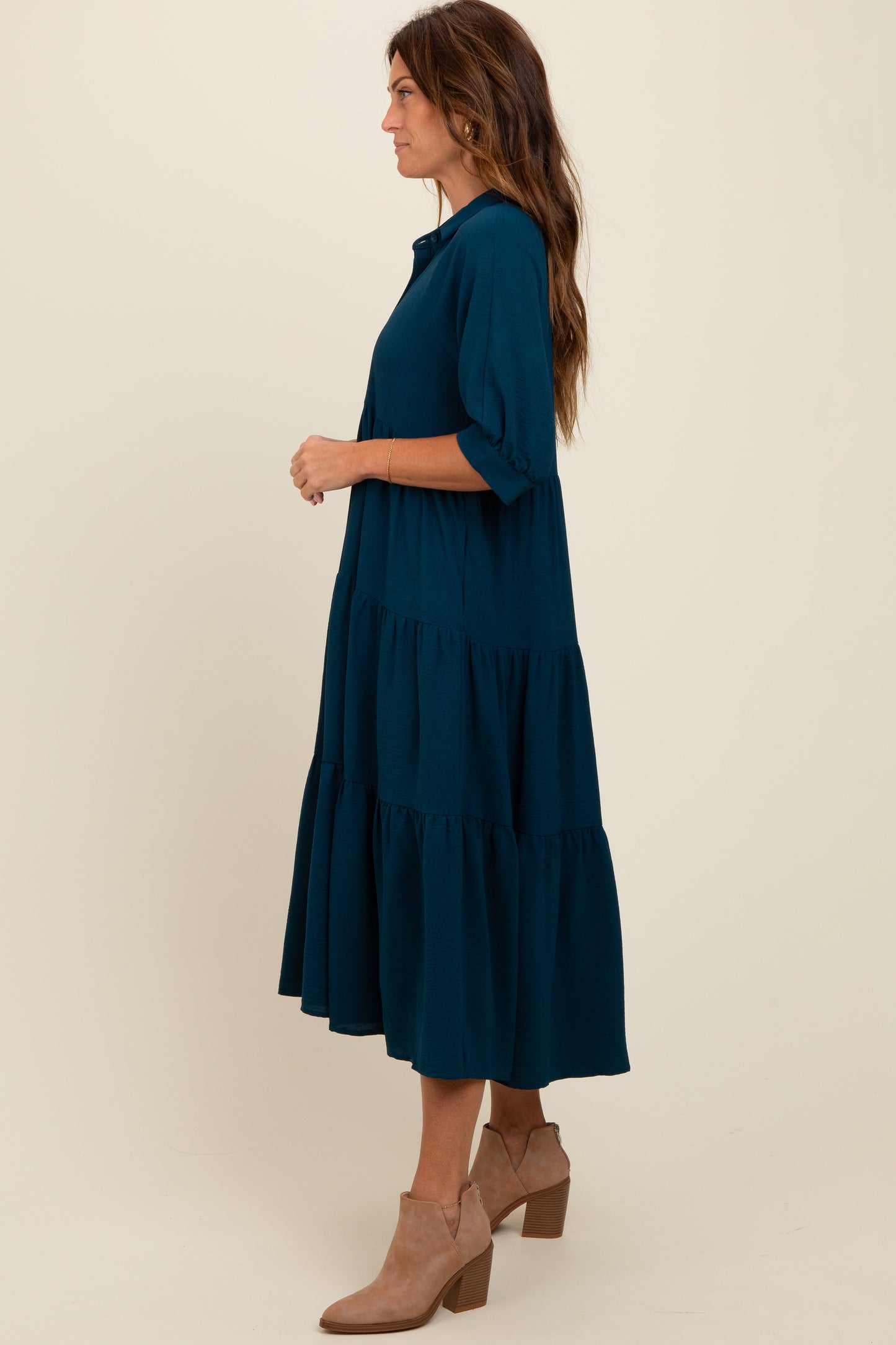 Dark Teal Collared Button Up Tiered Midi Dress