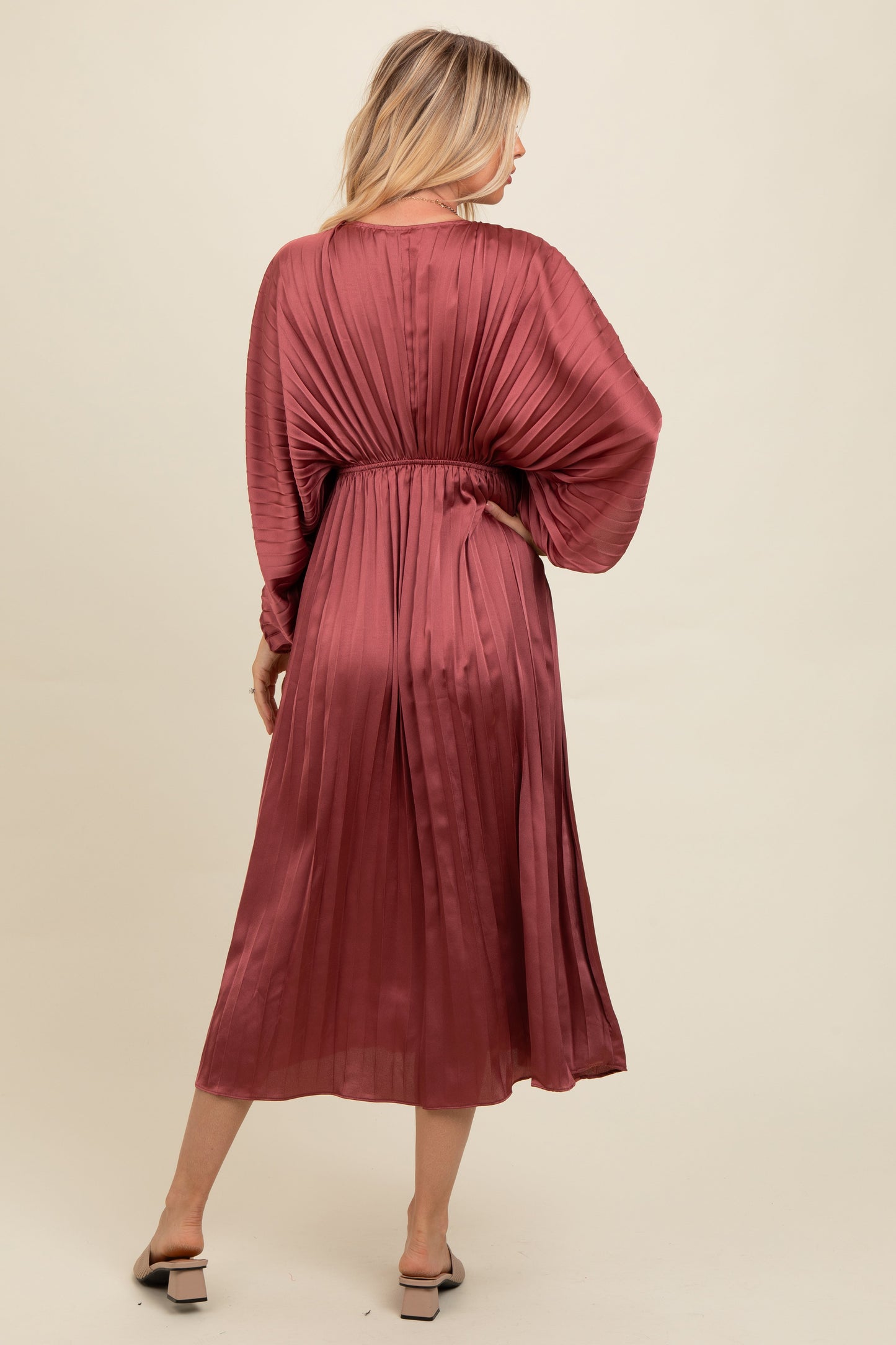 Mauve Satin Pleated V-Neck Maxi Dress