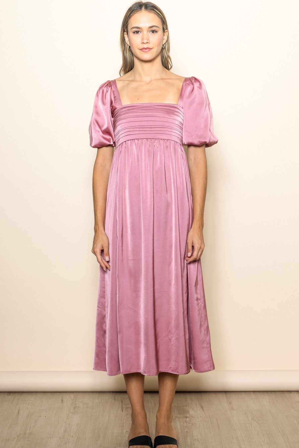 Mauve Satin Pleated Bodice Puff Sleeve Maternity Midi Dress