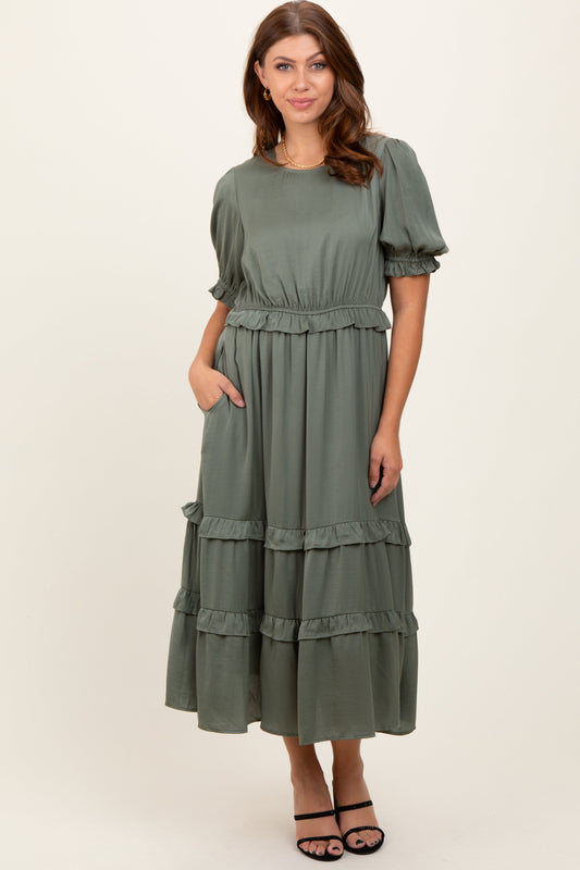 Olive Satin Ruffle Trim Midi Dress