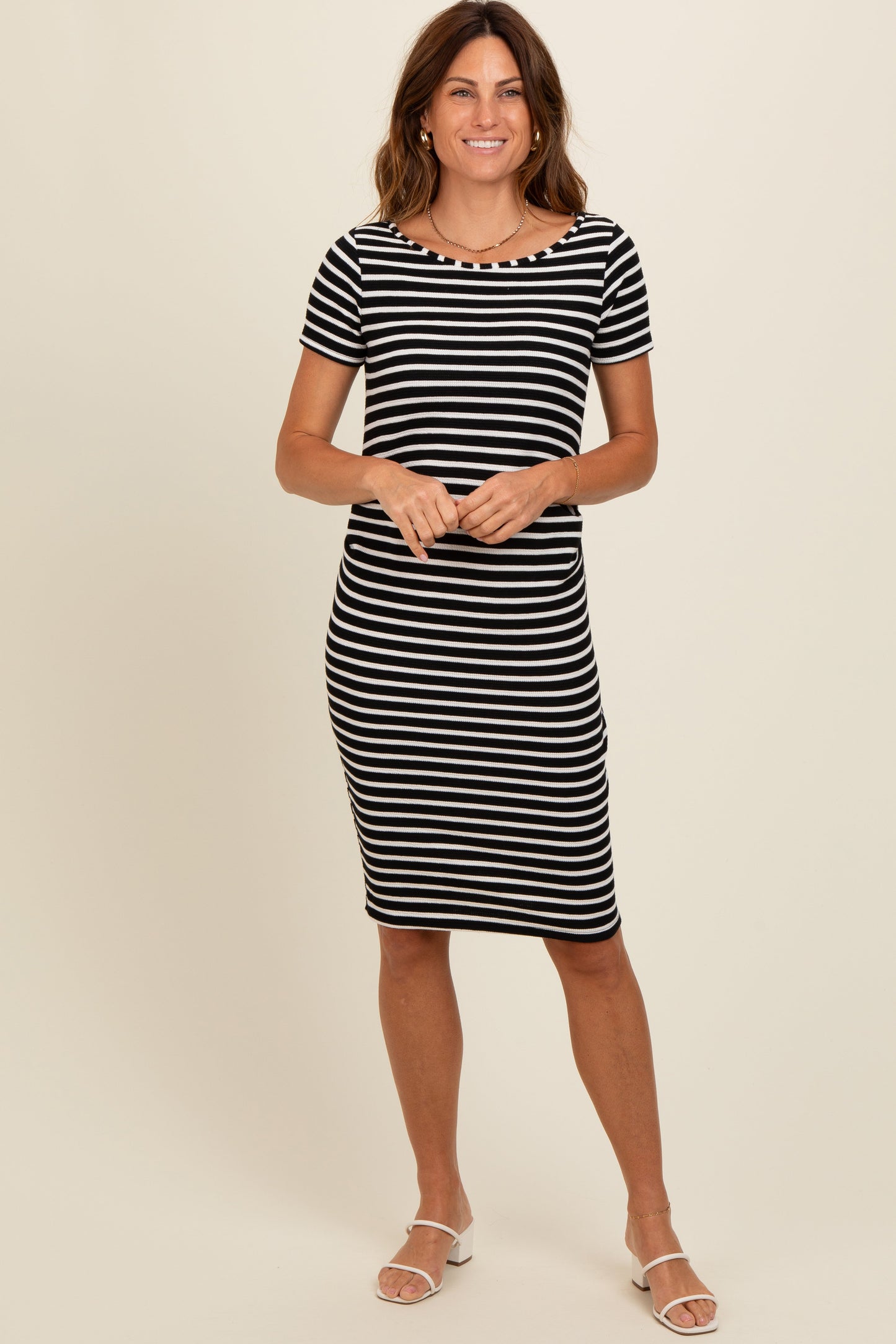 Black Striped Boat Neck Ruched Maternity Dress