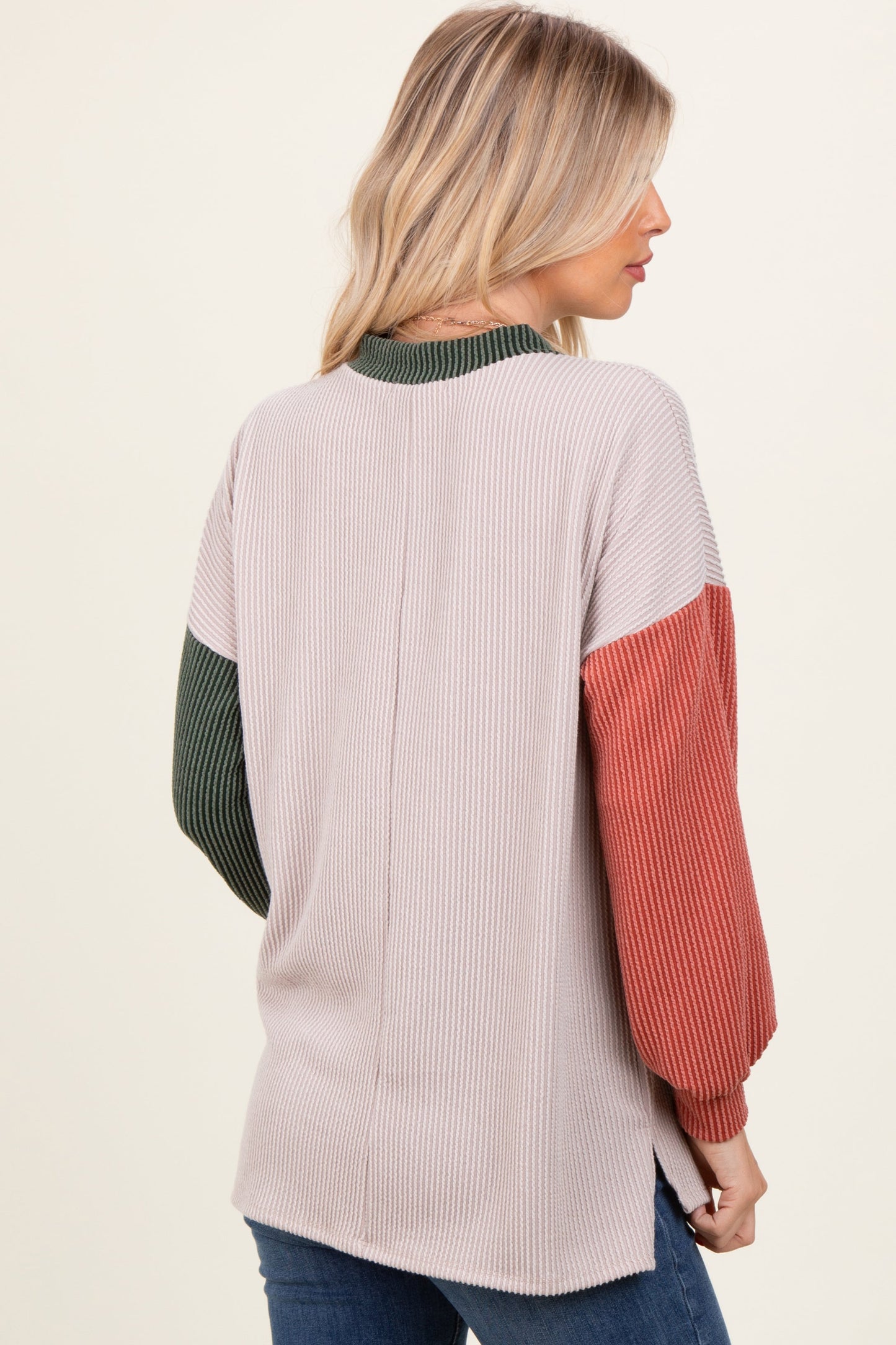 Cream Ribbed Colorblock Side Slit Top