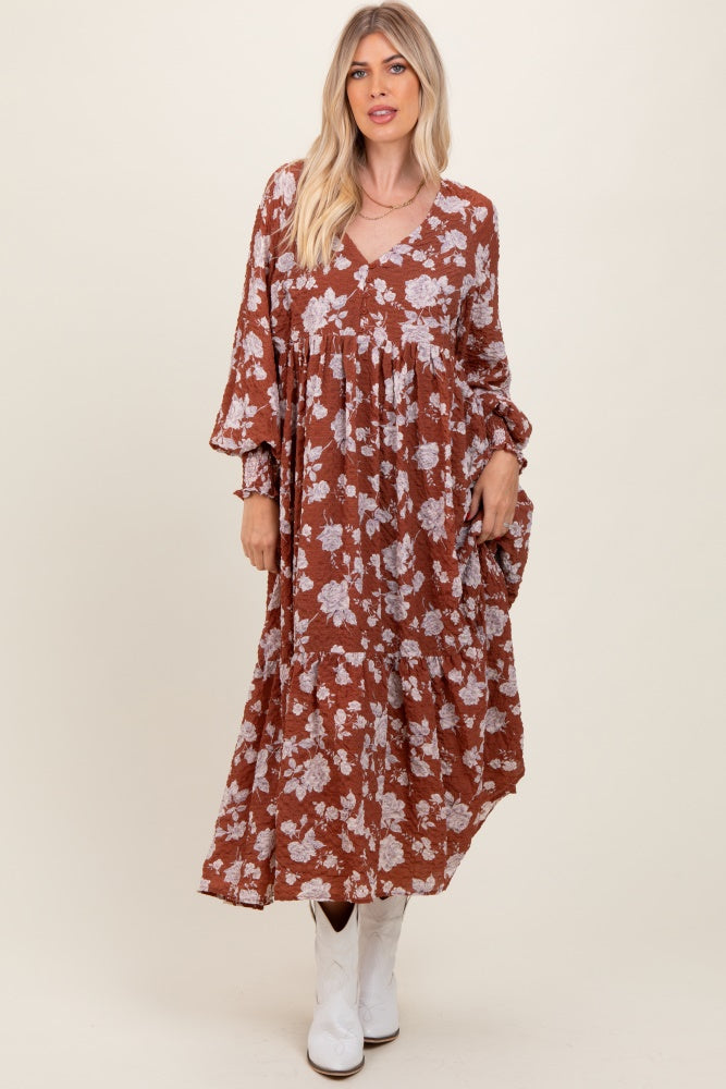 rust floral maxi dress Rust Floral Textured Bubble Sleeve Maxi Dress Medium