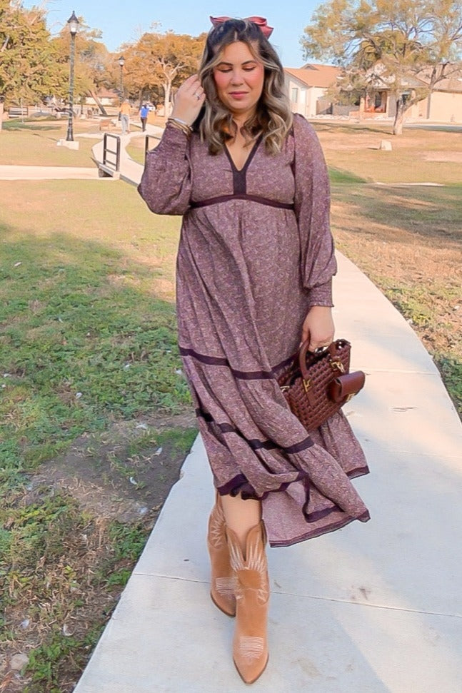 Brown Floral Lace Trim Bubble Sleeve Maxi Dress