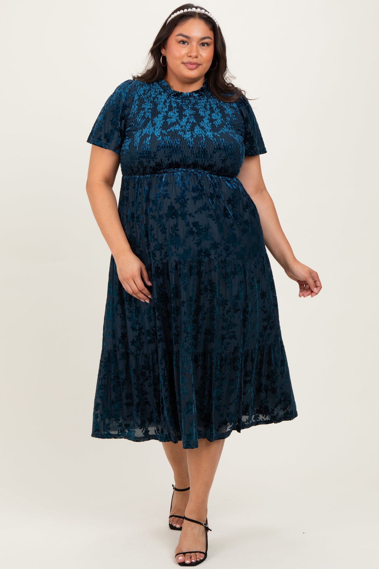 Navy Floral Velvet Print Smocked Maternity Plus Midi Dress