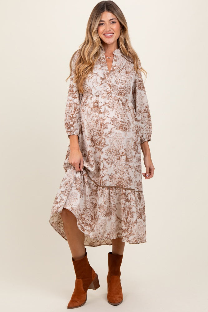 princess polly baby blue dress Brown Maternity Jersey Ruched Front Midi Dress main image 0