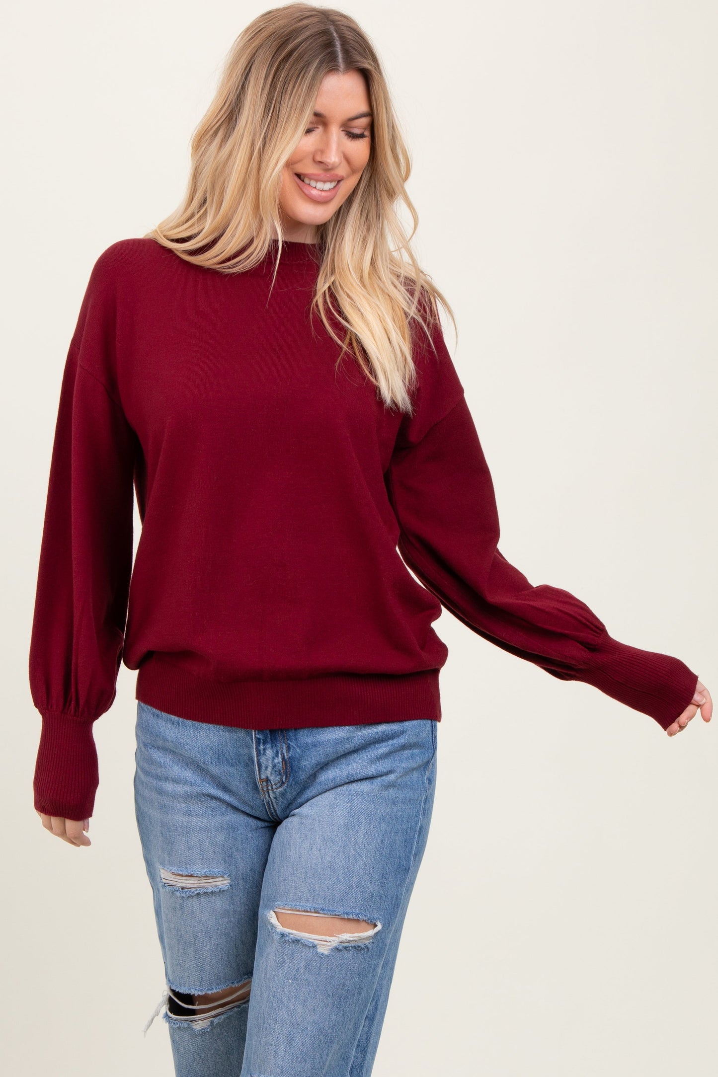 Burgundy Fine Knit Balloon Sleeve Sweater