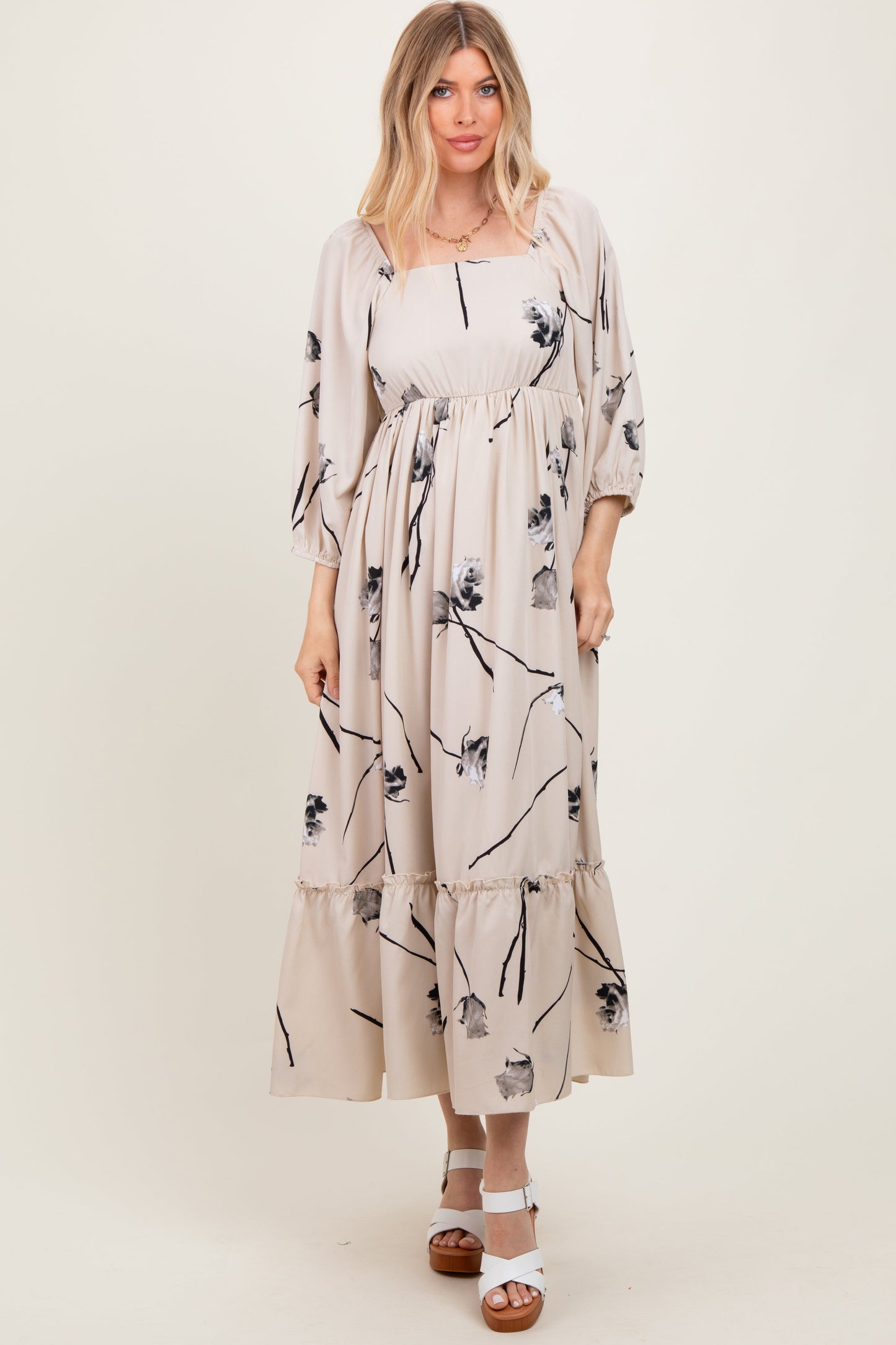 Cream Floral Square Neck Midi Dress