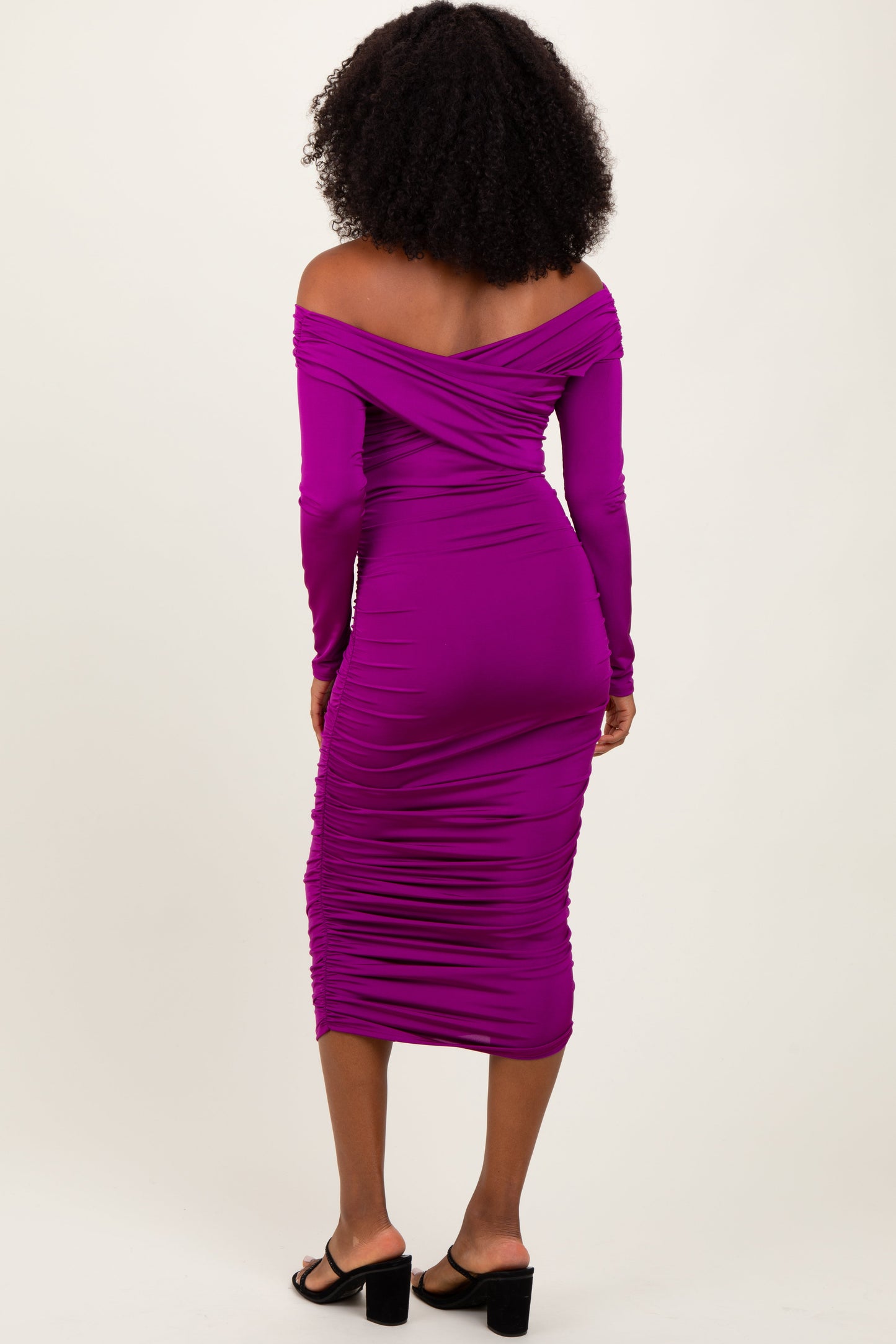 Purple Off Shoulder Ruched Long Sleeve Midi Dress