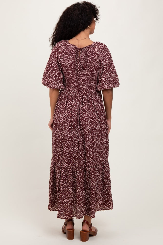 Burgundy Floral Puffed Short Sleeve Maxi Dress