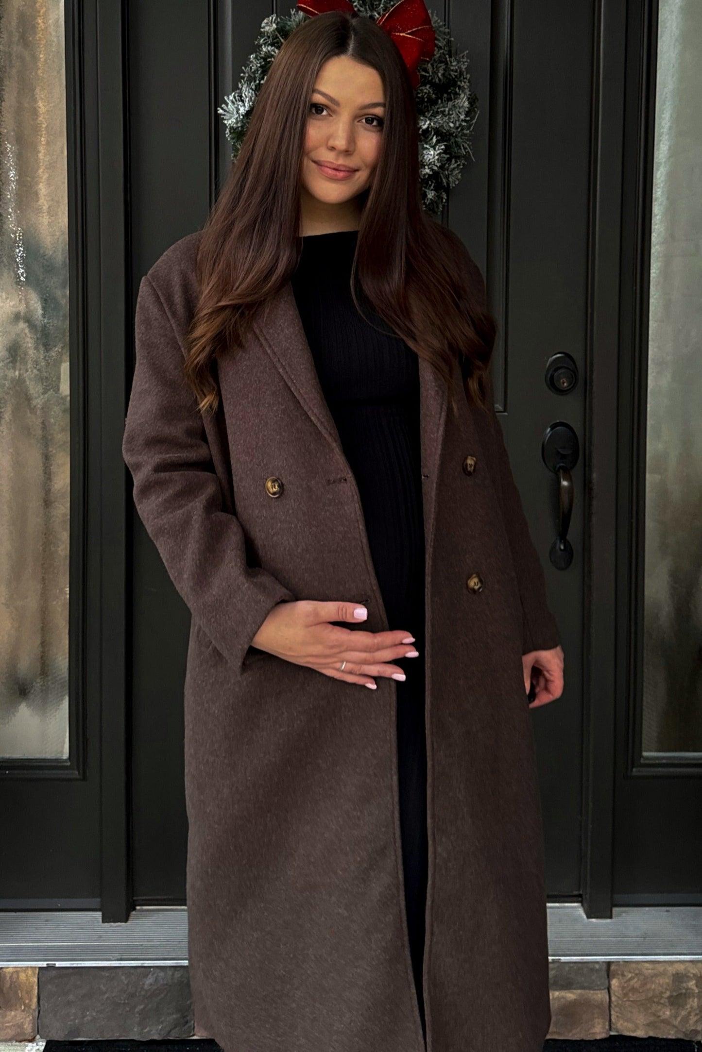 Brown Felted Double Breasted Lapel Maternity Button Coat