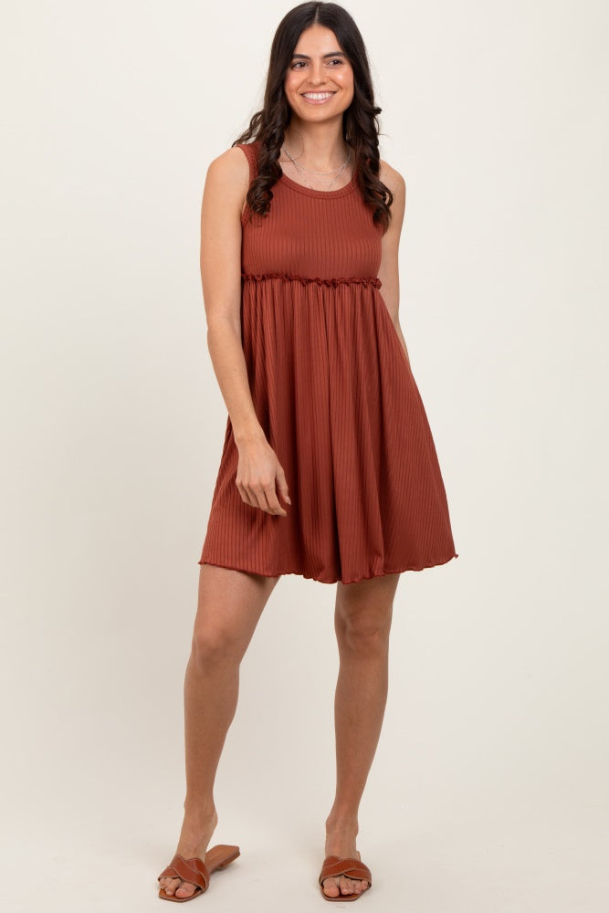 Rust Ribbed Sleeveless Lettuce Trim Mini Dress