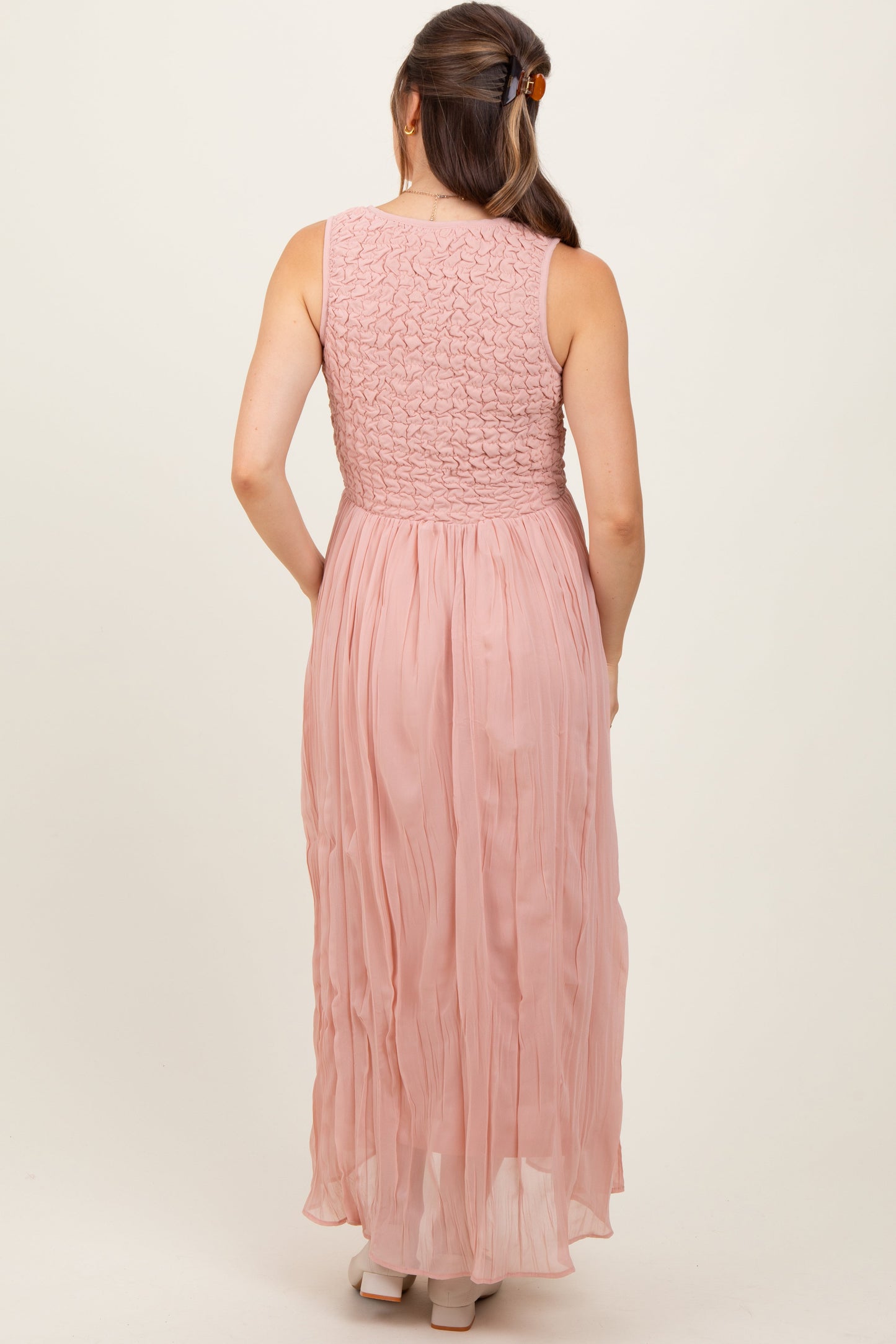 Light Pink Textured Smocked Bodice Sleeveless Maternity Maxi Dress