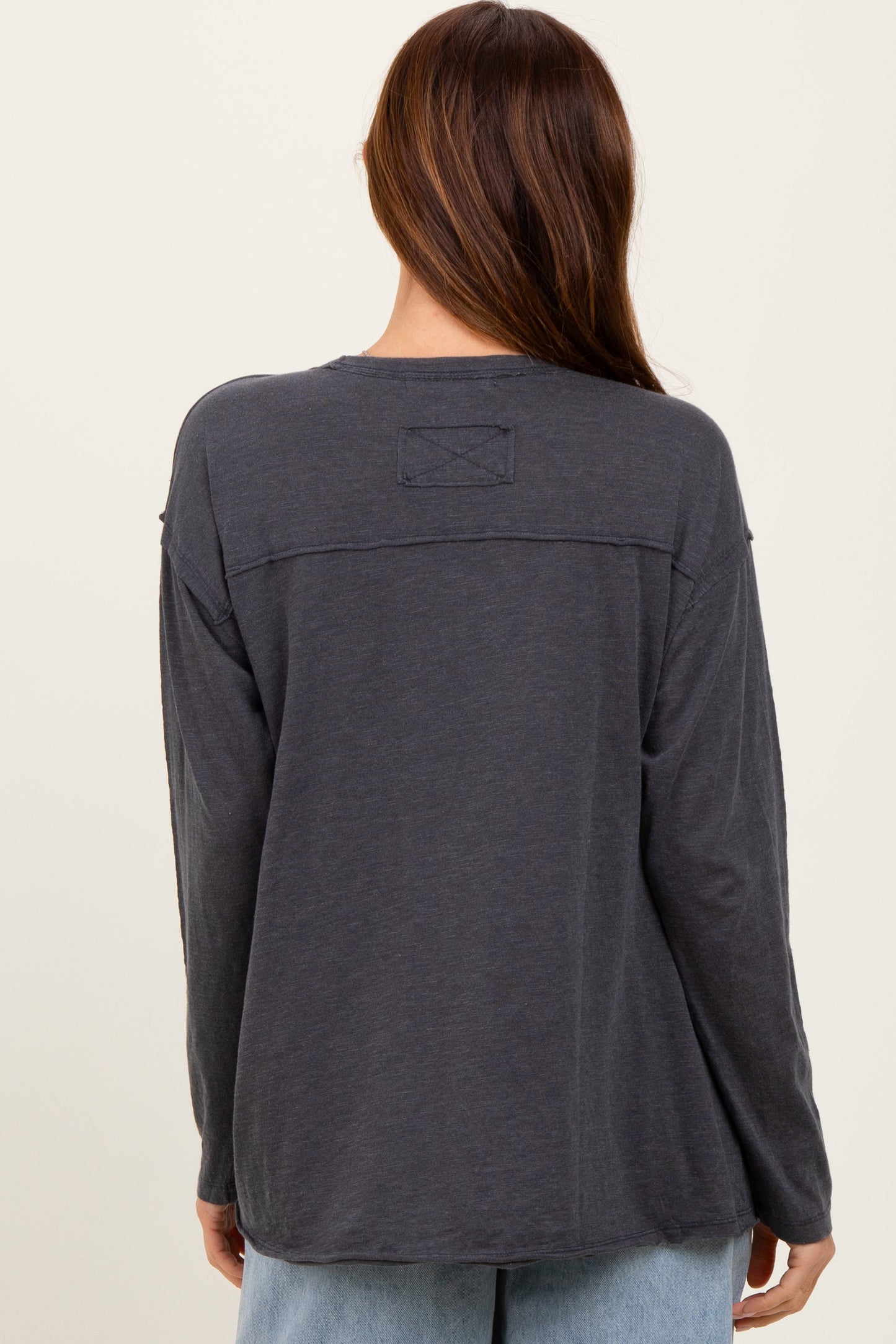 Charcoal Mineral Wash Front Pocket Long Sleeve Top