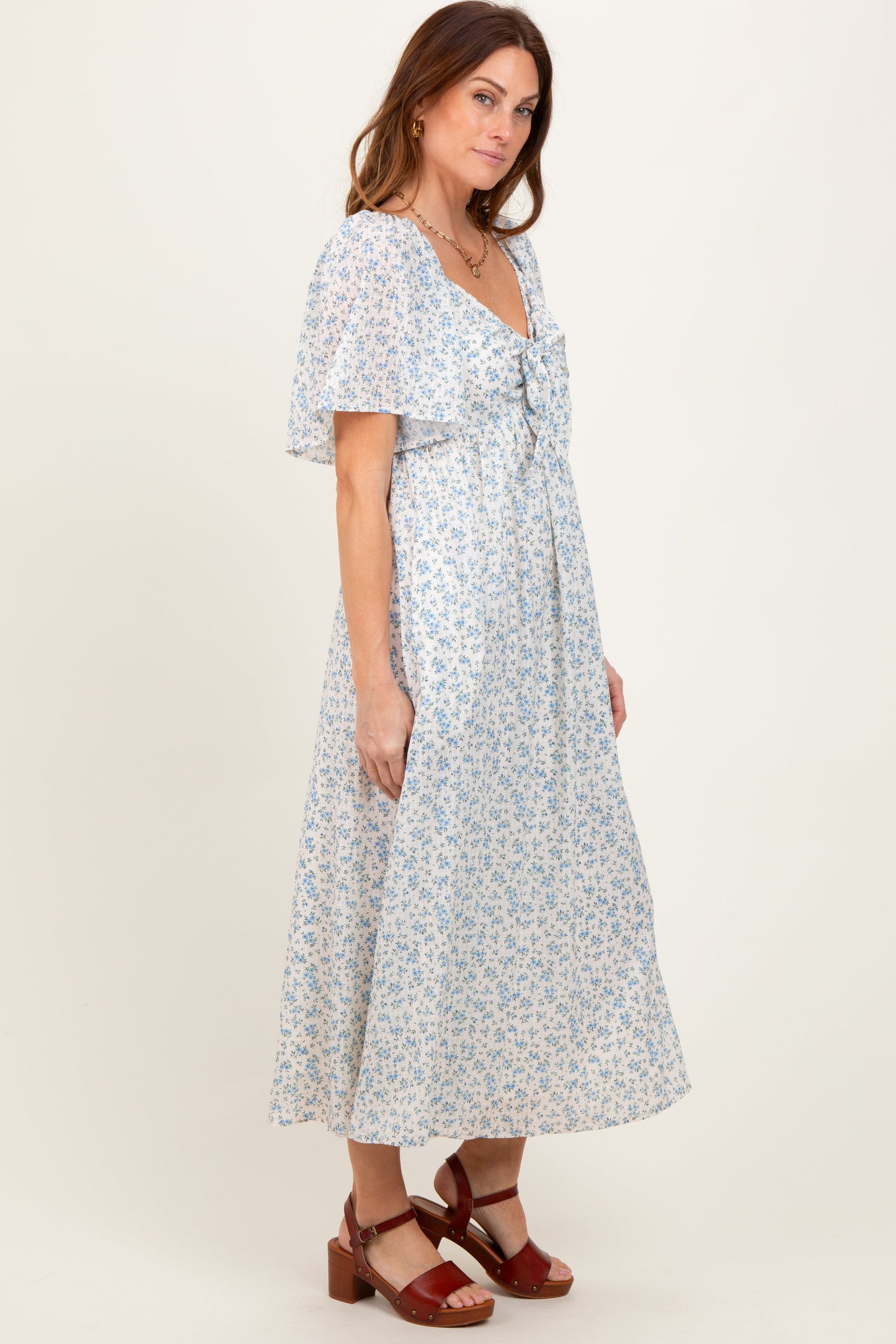Blue Floral Front Tie Midi Dress