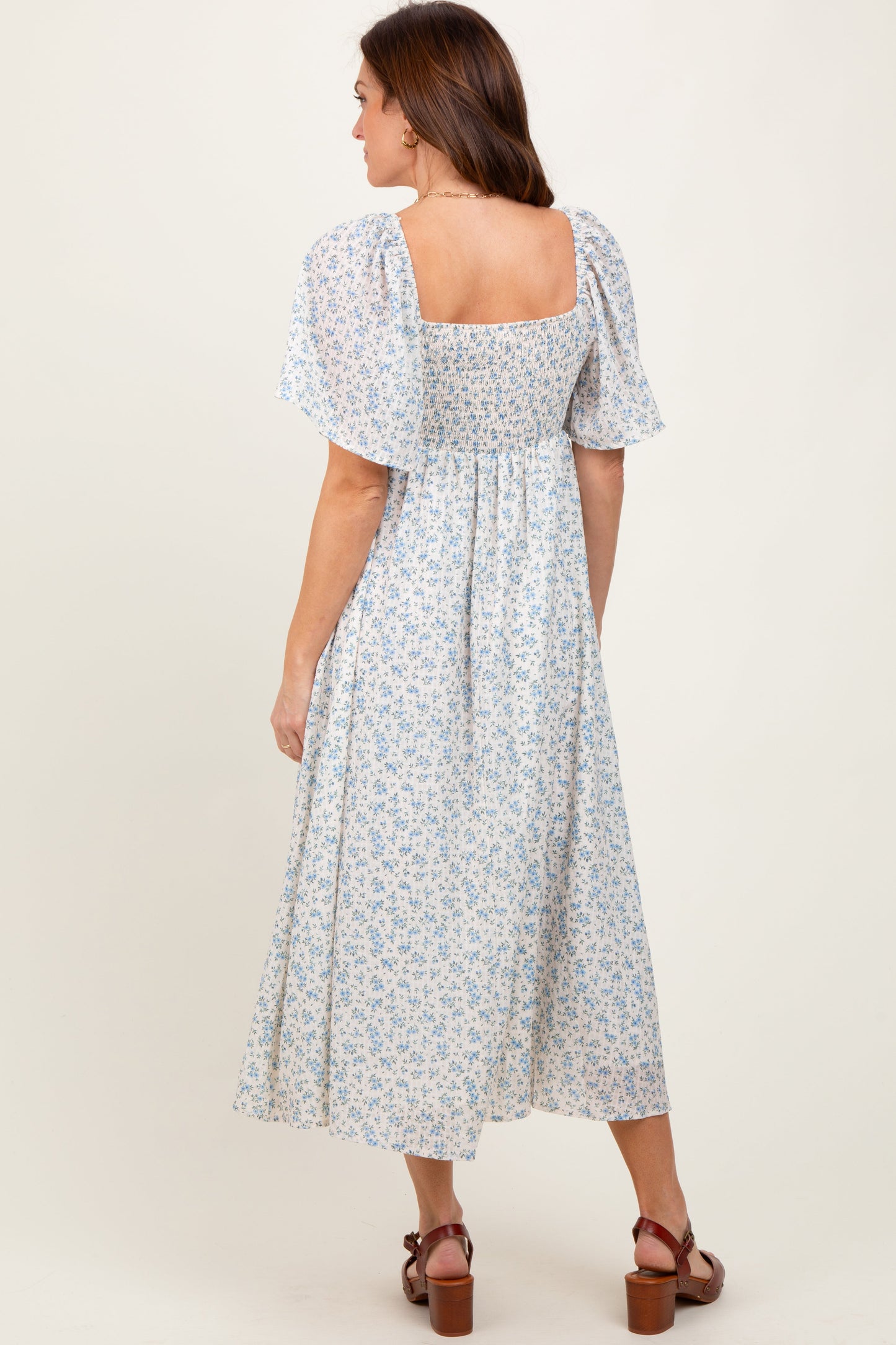 Blue Floral Front Tie Midi Dress