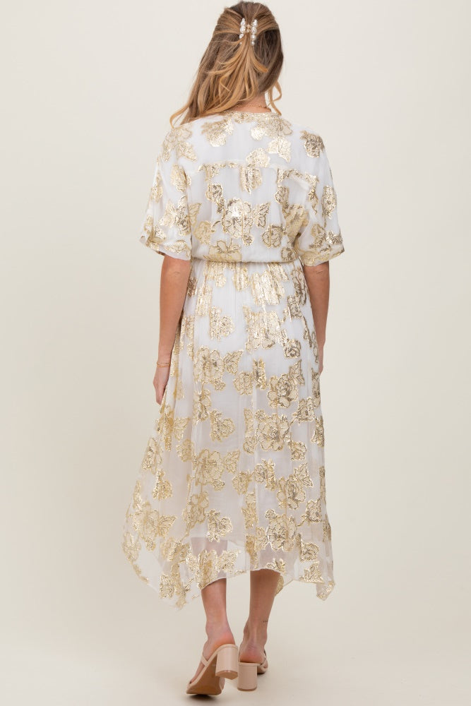 Cream Metallic Floral Jacquard Overlay Maternity Maxi Dress